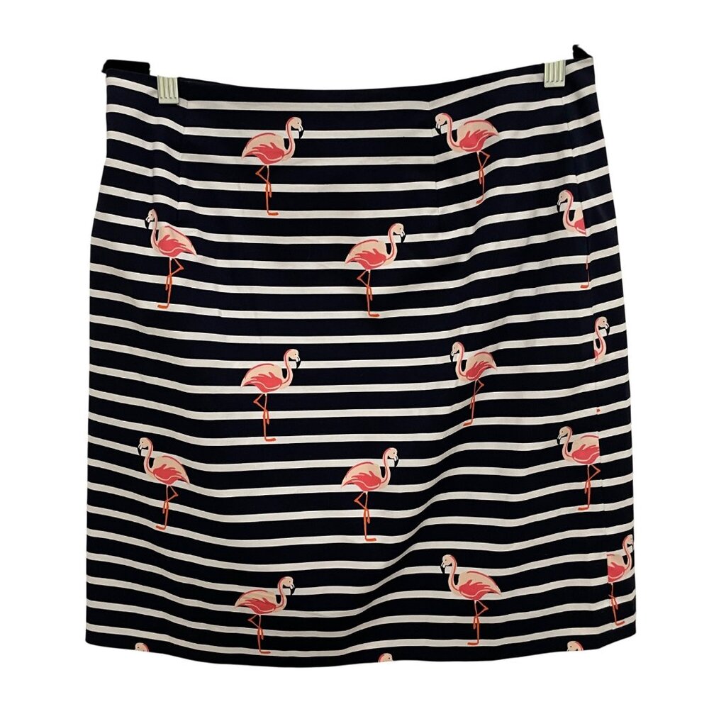 Talbots Womens Flamingo Print Striped Skirt Navy & White Cotton/Spandex Size 8